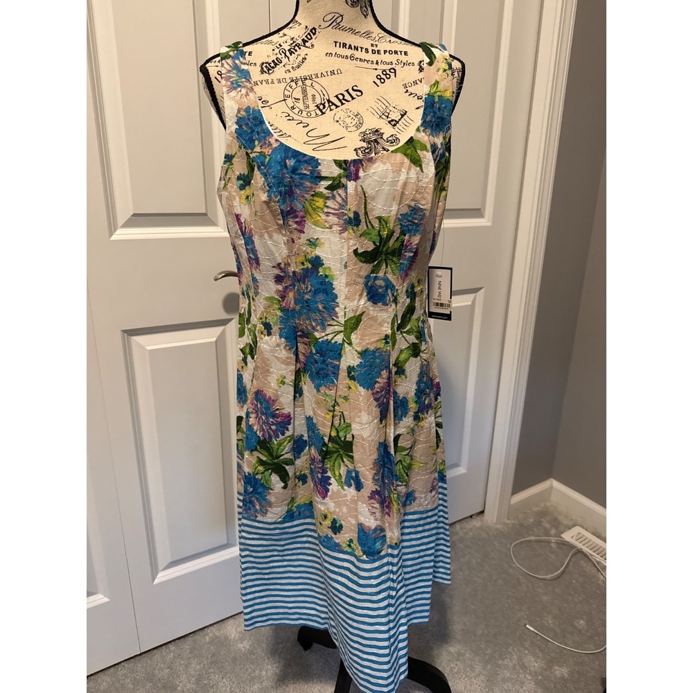 NWT Nine West  Sleeveless Floral Stripe‎ Pleated  Summer Dress Sz10 Spring Color